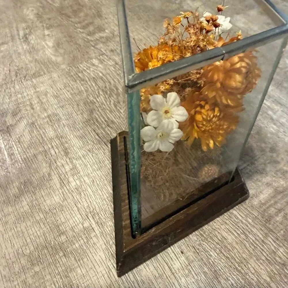 Leonard Creations Dried Flower Arrangement 6” Tall Glass Box Wood Terrarium